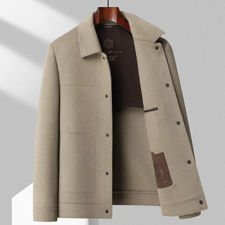 Heren wollen jas in beige, klassiek ontwerp, hoogwaardige wolmix, perfect voor zakelijk en informeel gebruik, elegante details