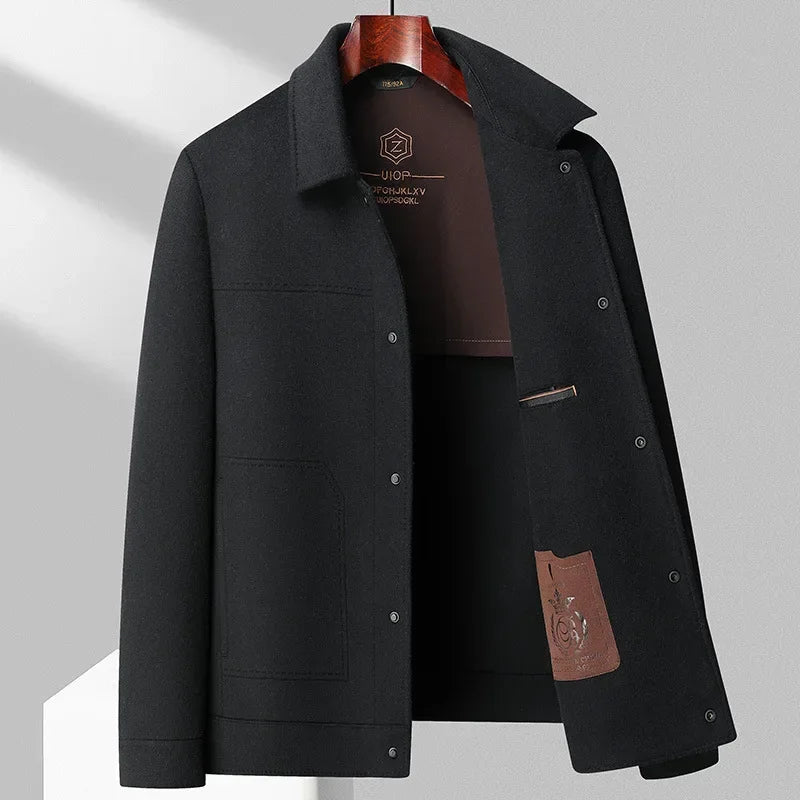 Heren wollen jas in beige, klassiek ontwerp, hoogwaardige wolmix, perfect voor zakelijk en informeel gebruik, elegante details