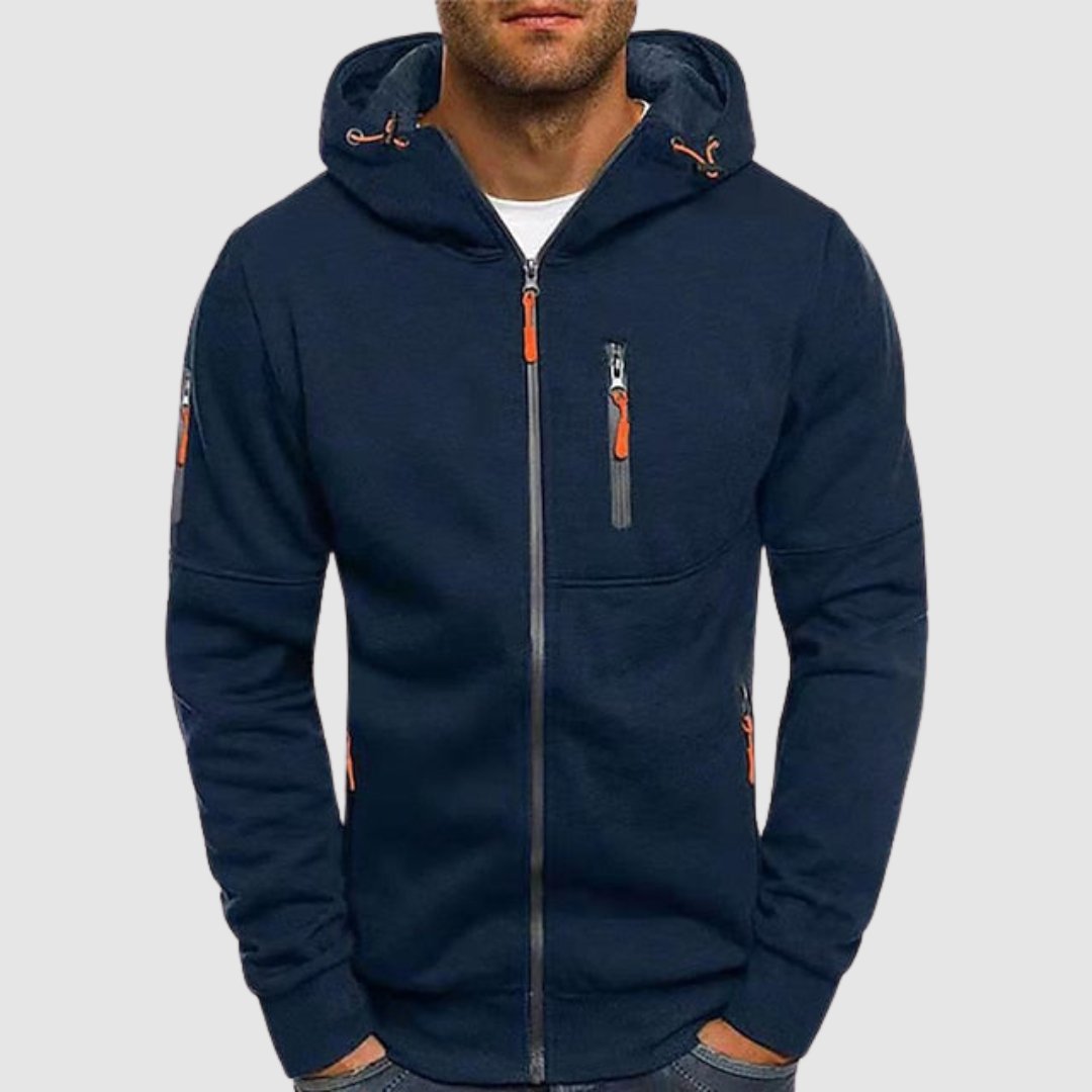 Heren zip-up hoodiejack in grijs, sportieve stijl, ritssluiting en capuchon, ideaal voor koelere temperaturen.