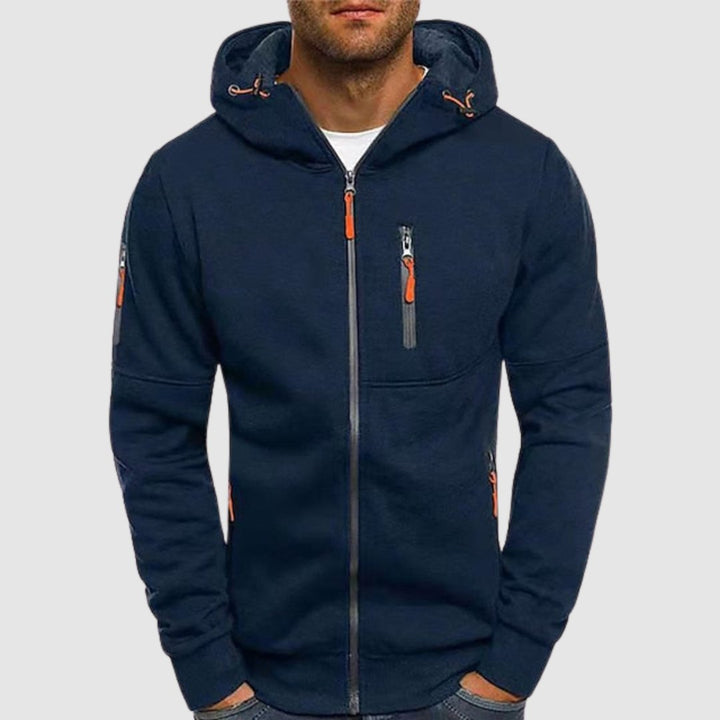 Heren zip-up hoodiejack in grijs, sportieve stijl, ritssluiting en capuchon, ideaal voor koelere temperaturen.
