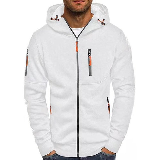 Heren zip-up hoodiejack in grijs, sportieve stijl, ritssluiting en capuchon, ideaal voor koelere temperaturen.