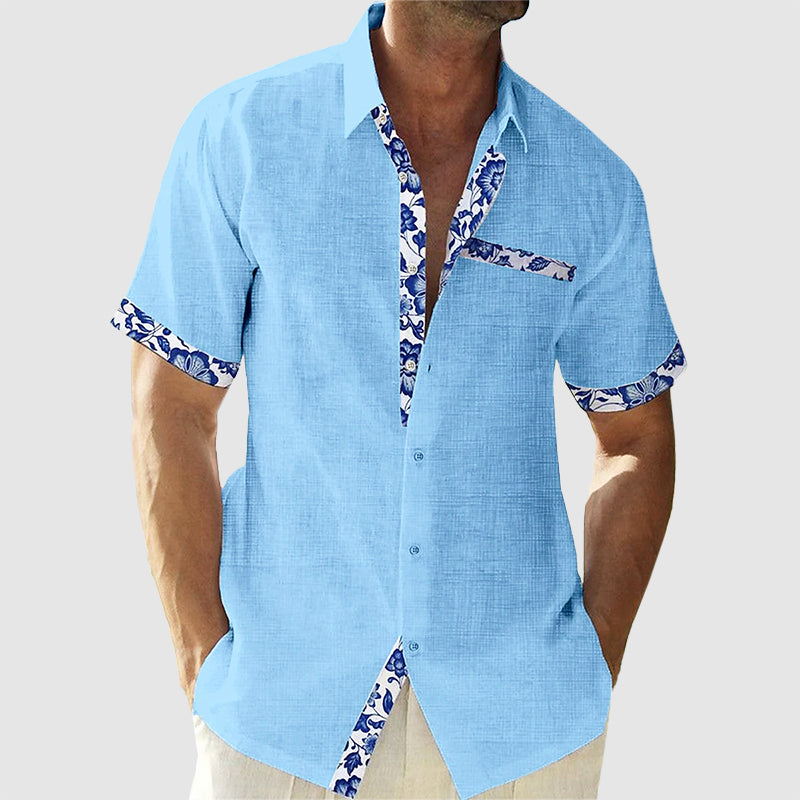 Heren overhemd met tropische print, kort ontwerp, casual-elegant, ideaal voor de zomer en vrije tijd, comfortabele pasvorm.