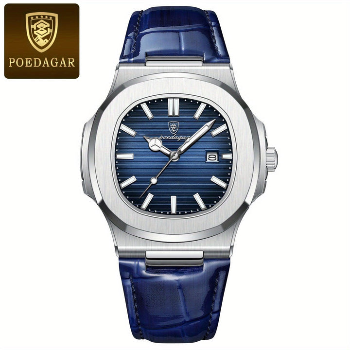 Herenhorloge met blauwe wijzerplaat, roestvrijstalen kast en lederen band, elegant herenhorloge, modern accessoire