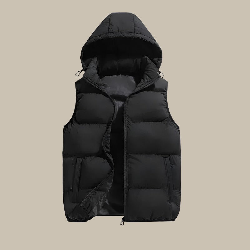 Heren bodywarmer met capuchon, zwart-grijs, modern, slank model, verstelbare capuchon, ideaal voor vrije tijd en overgangsperioden