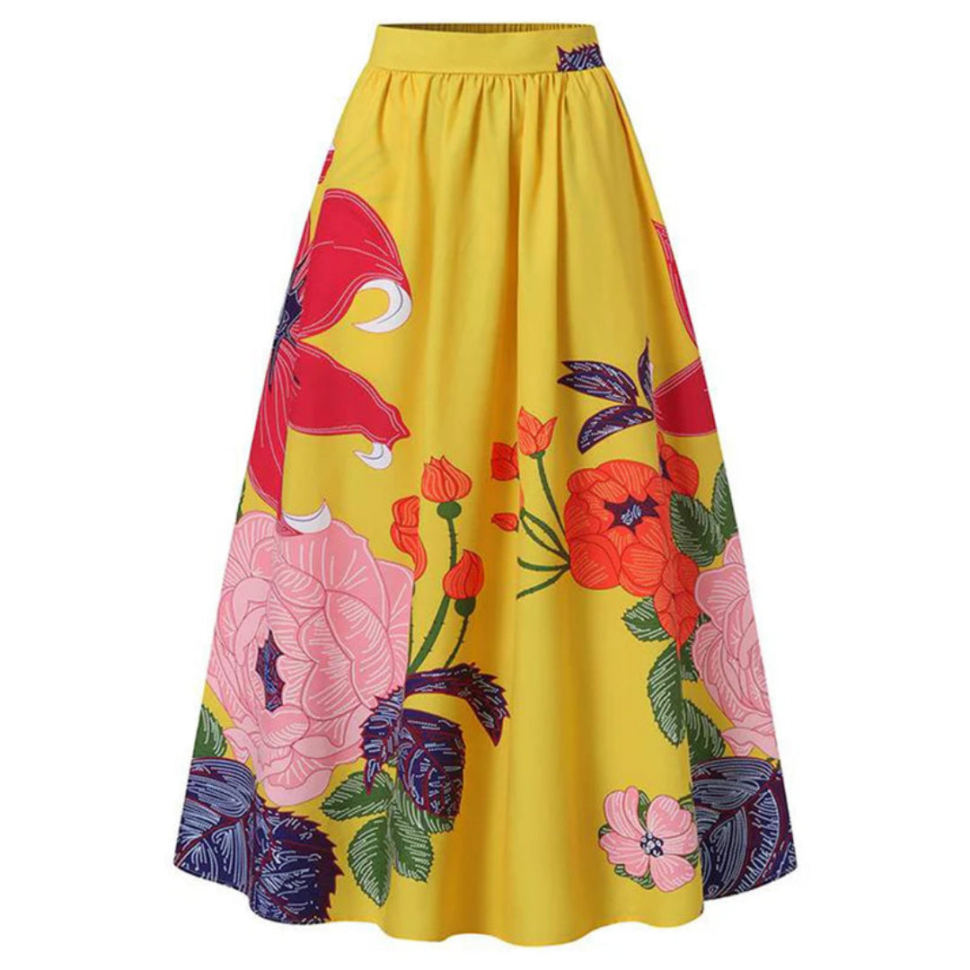Elegante dames maxi-rok met hoge taille en bloemenprint. De rok is lang en golvend voor een vrouwelijke zomerlook.