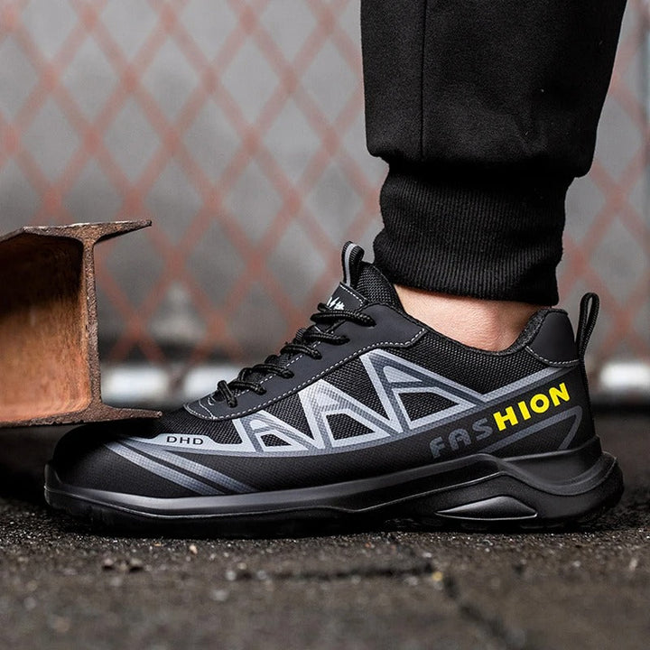 Premium herenwerkschoenen met een ruime stalen neus, antislip buitenzool en sterk leer.