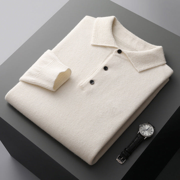 Hoogwaardig langarm kasjmier poloshirt, luxe, elegant, beige, ideaal voor koudere dagen, stijlvol en comfortabel.
