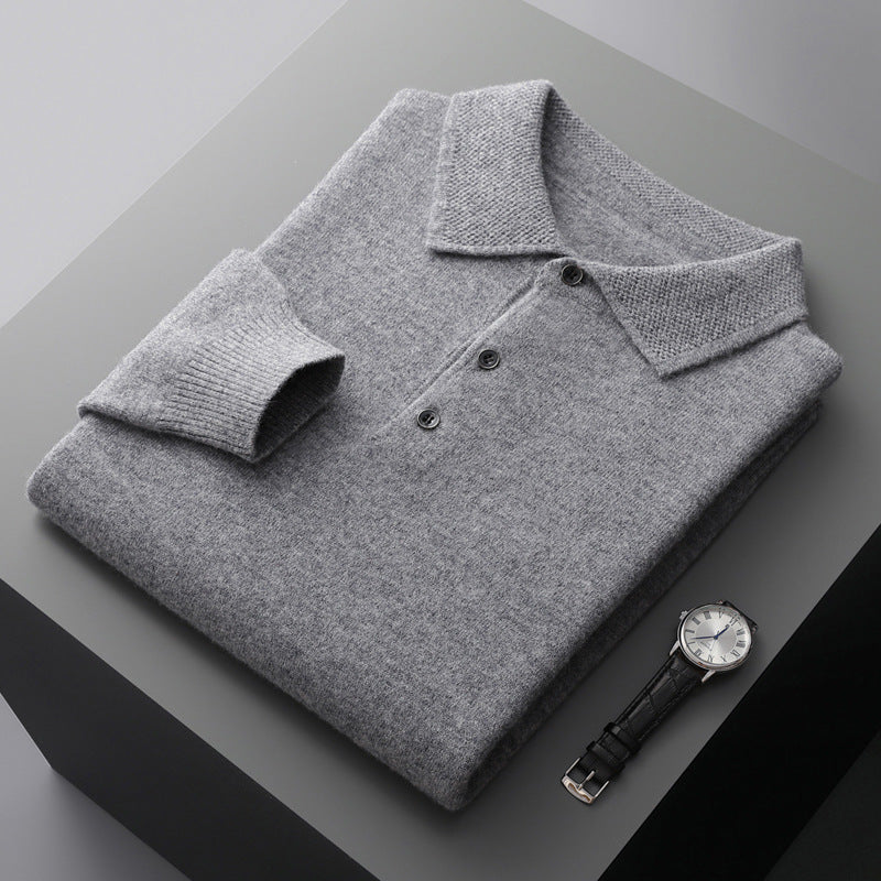Hoogwaardig langarm kasjmier poloshirt, luxe, elegant, beige, ideaal voor koudere dagen, stijlvol en comfortabel.