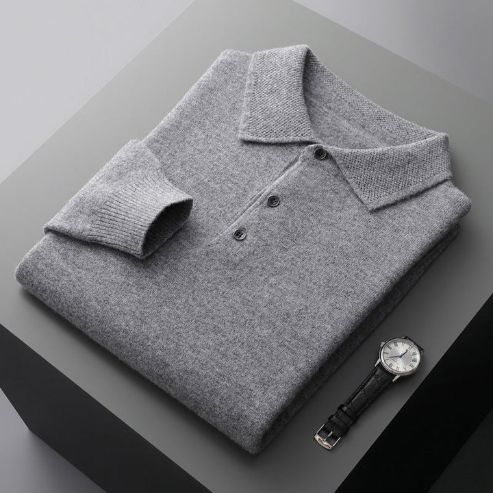 Hoogwaardig langarm kasjmier poloshirt, luxe, elegant, beige, ideaal voor koudere dagen, stijlvol en comfortabel.