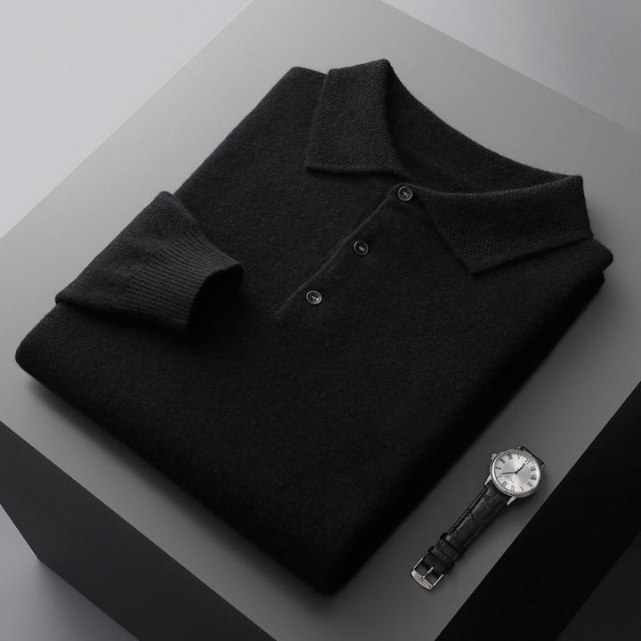 Hoogwaardig langarm kasjmier poloshirt, luxe, elegant, beige, ideaal voor koudere dagen, stijlvol en comfortabel.