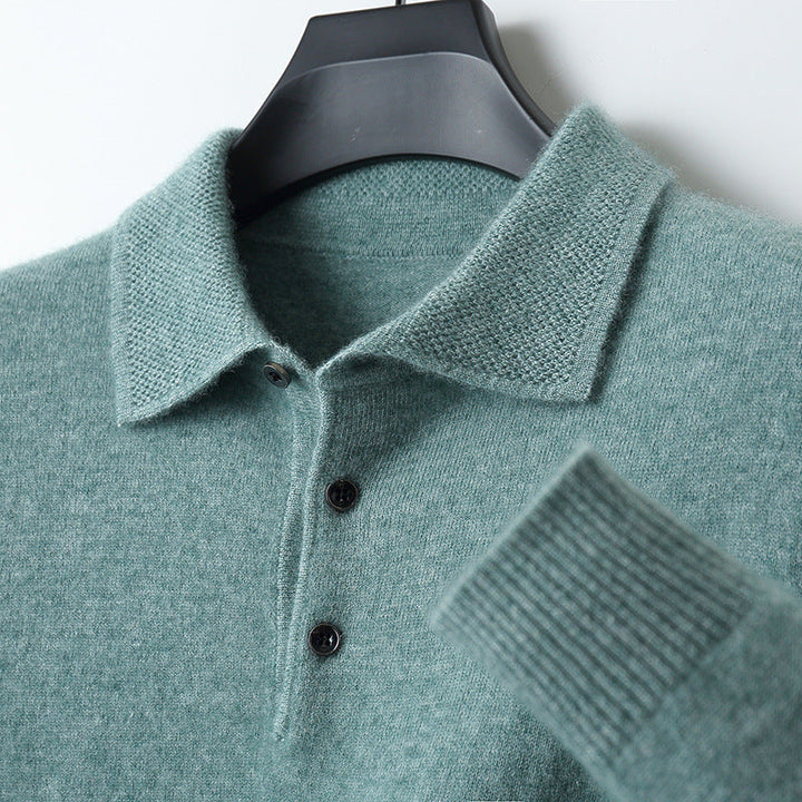 Hoogwaardig langarm kasjmier poloshirt, luxe, elegant, beige, ideaal voor koudere dagen, stijlvol en comfortabel.