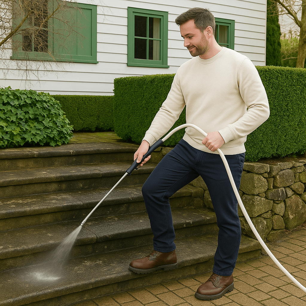 Hogedruk tuinslang spuitkop voor krachtige reiniging van terras, auto of tuin. Essentiële schoonmaaktool.