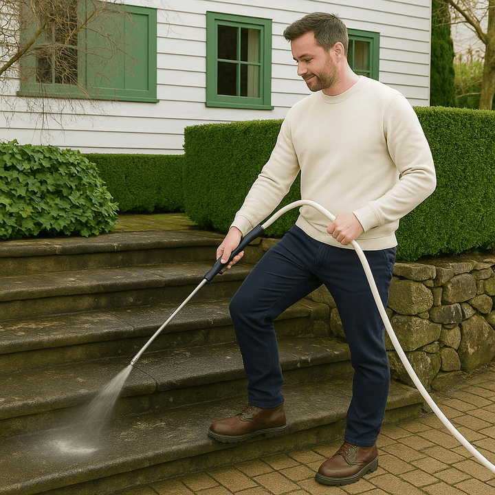 Hogedruk tuinslang spuitkop voor krachtige reiniging van terras, auto of tuin. Essentiële schoonmaaktool.