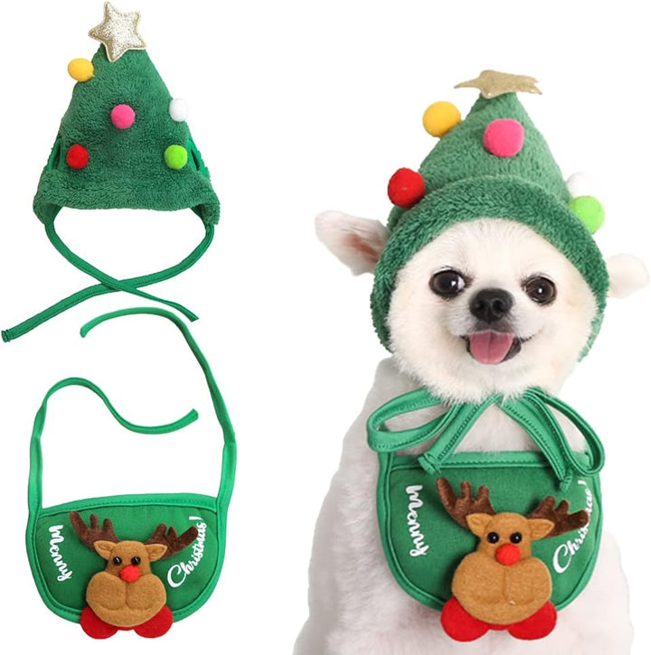 Schattige kerstkleding voor huisdier: groene feestmuts en wit rendier slabbetje voor honden & katten.