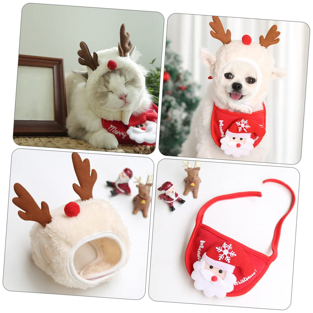 Feestelijke kerst outfit voor huisdieren, inclusief een groene muts en een rendier slabbetje.