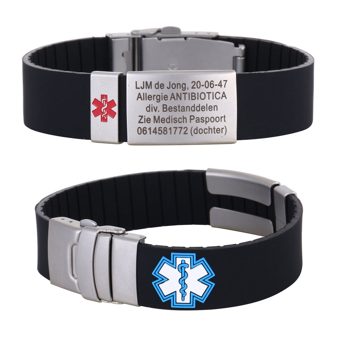 Instelbare medische ID veiligheidsarmband met persoonlijke gravure, ideaal voor noodhulp bij diabetes of allergie.