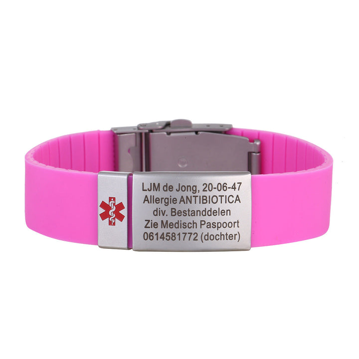 Unisex siliconen en RVS medische veiligheidsarmband met gravure, voor medische alert bij diabetes of allergie.