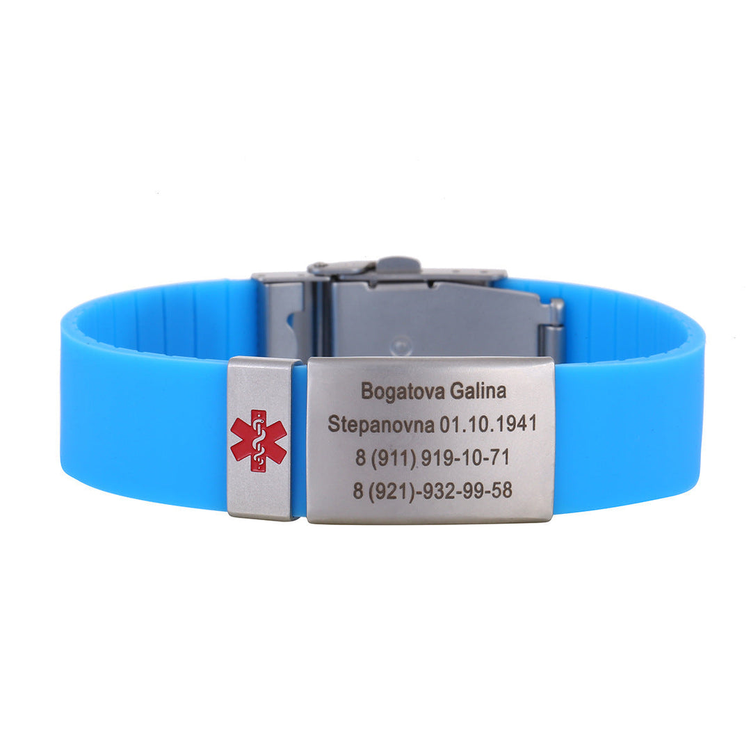 Persoonlijke medische armband met gravure, instelbaar en comfortabel voor mannen en vrouwen, ideaal als cadeau.
