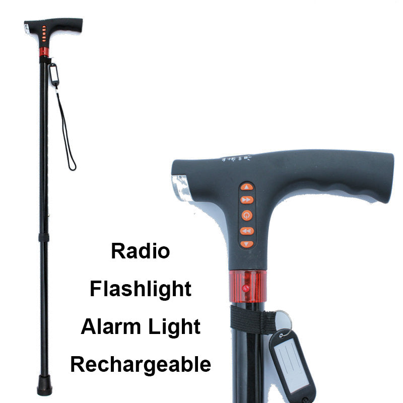 Intelligente wandelstok voor senioren, elegant zwart, met LED-licht, radiofunctie en noodsituatie. Lengte verstelbaar.