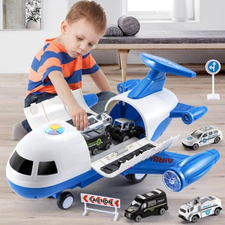 Interactieve speelgoedset met groot vliegtuig, 6 mini-auto's, verkeersmat; muziek- en lichteffecten voor kinderen.