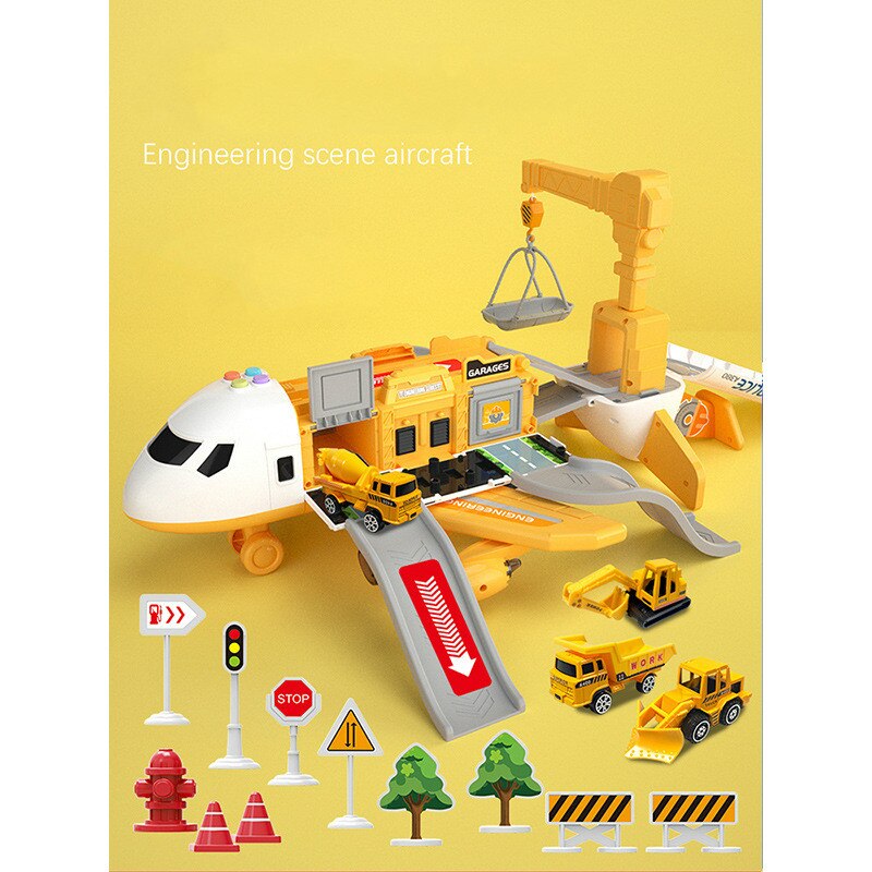 Interactieve speelgoedset met groot vliegtuig, 6 mini-auto's, verkeersmat; muziek- en lichteffecten voor kinderen.