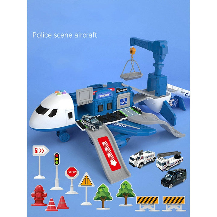 Interactieve speelgoedset met groot vliegtuig, 6 mini-auto's, verkeersmat; muziek- en lichteffecten voor kinderen.