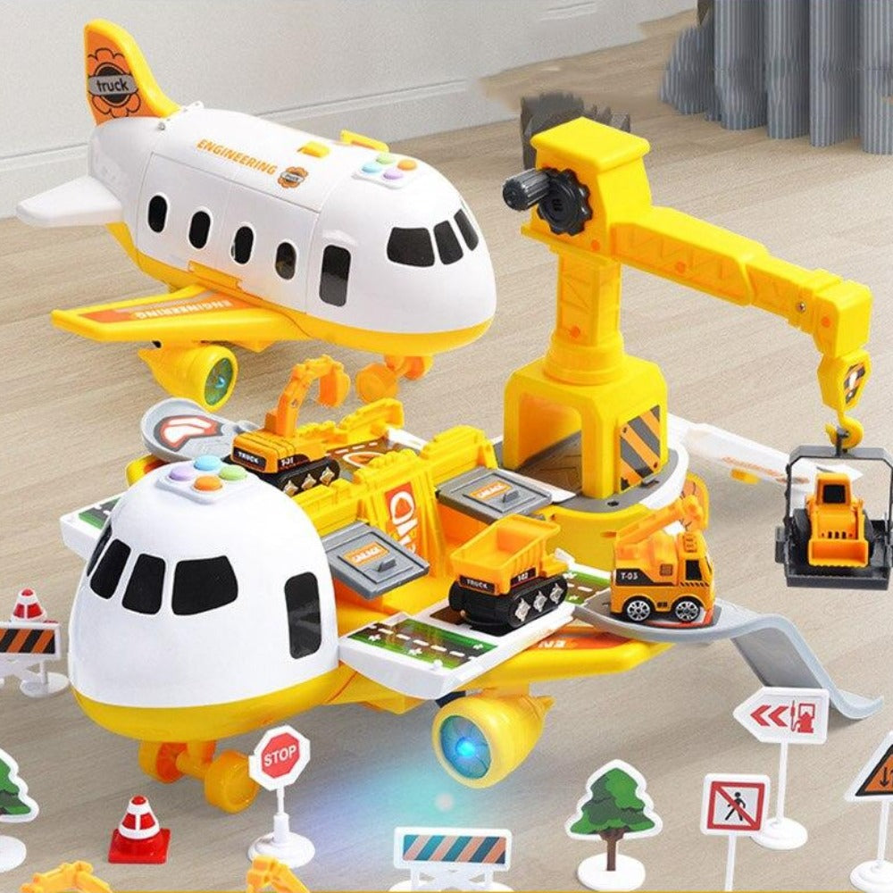 Interactieve speelgoedset met groot vliegtuig, 6 mini-auto's, verkeersmat; muziek- en lichteffecten voor kinderen.