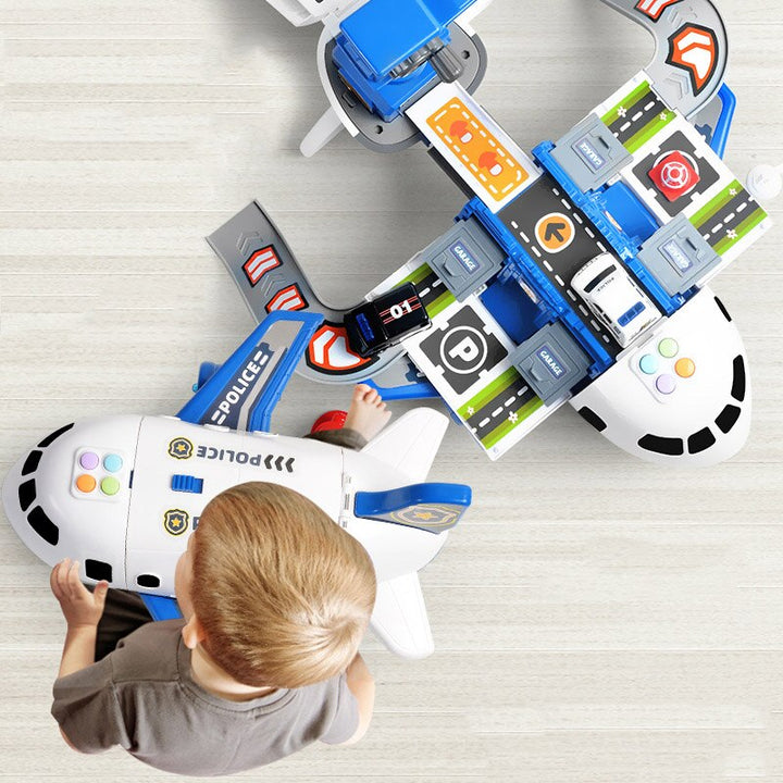 Interactieve speelgoedset met groot vliegtuig, 6 mini-auto's, verkeersmat; muziek- en lichteffecten voor kinderen.