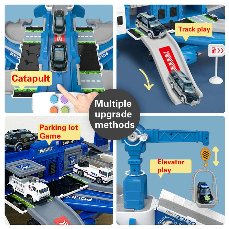Interactieve speelgoedset met groot vliegtuig, 6 mini-auto's, verkeersmat; muziek- en lichteffecten voor kinderen.