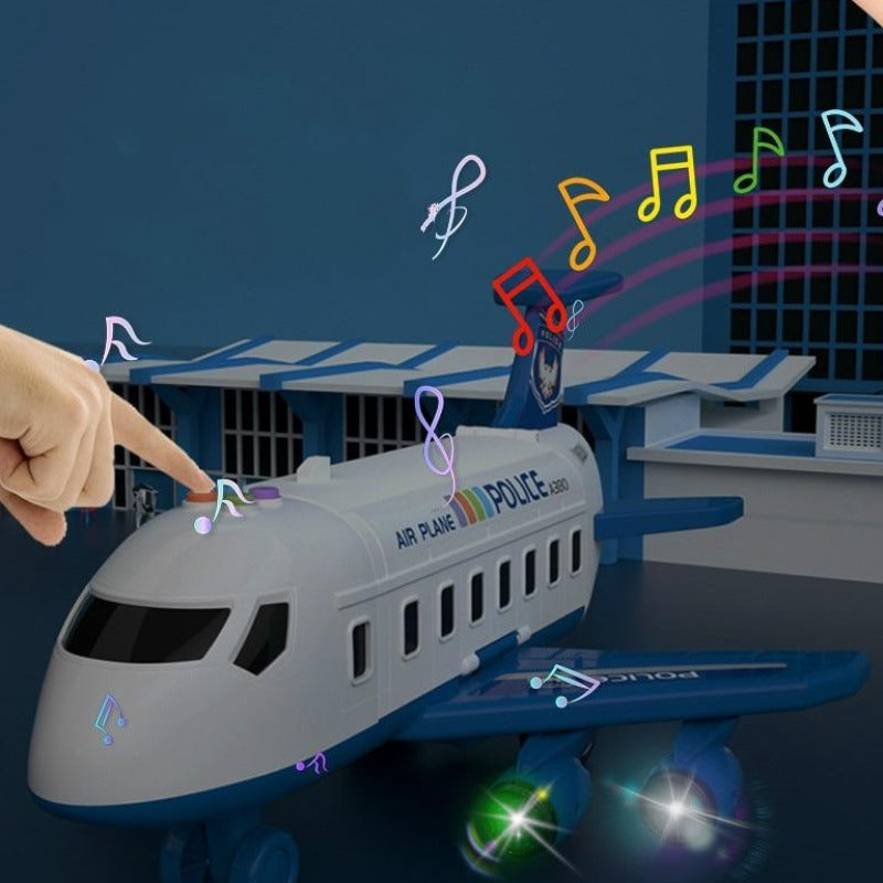 Interactieve speelgoedset met groot vliegtuig, 6 mini-auto's, verkeersmat; muziek- en lichteffecten voor kinderen.