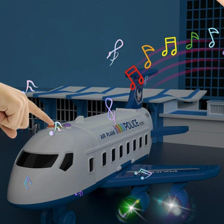 Interactieve speelgoedset met groot vliegtuig, 6 mini-auto's, verkeersmat; muziek- en lichteffecten voor kinderen.