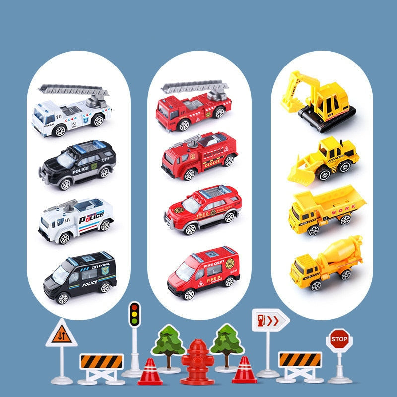 Interactieve speelgoedset met groot vliegtuig, 6 mini-auto's, verkeersmat; muziek- en lichteffecten voor kinderen.