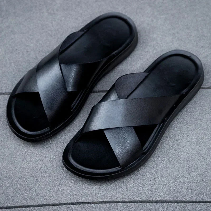 Italiaanse leren herensandalen, slip-on, klassiek, comfortabel, geel leer