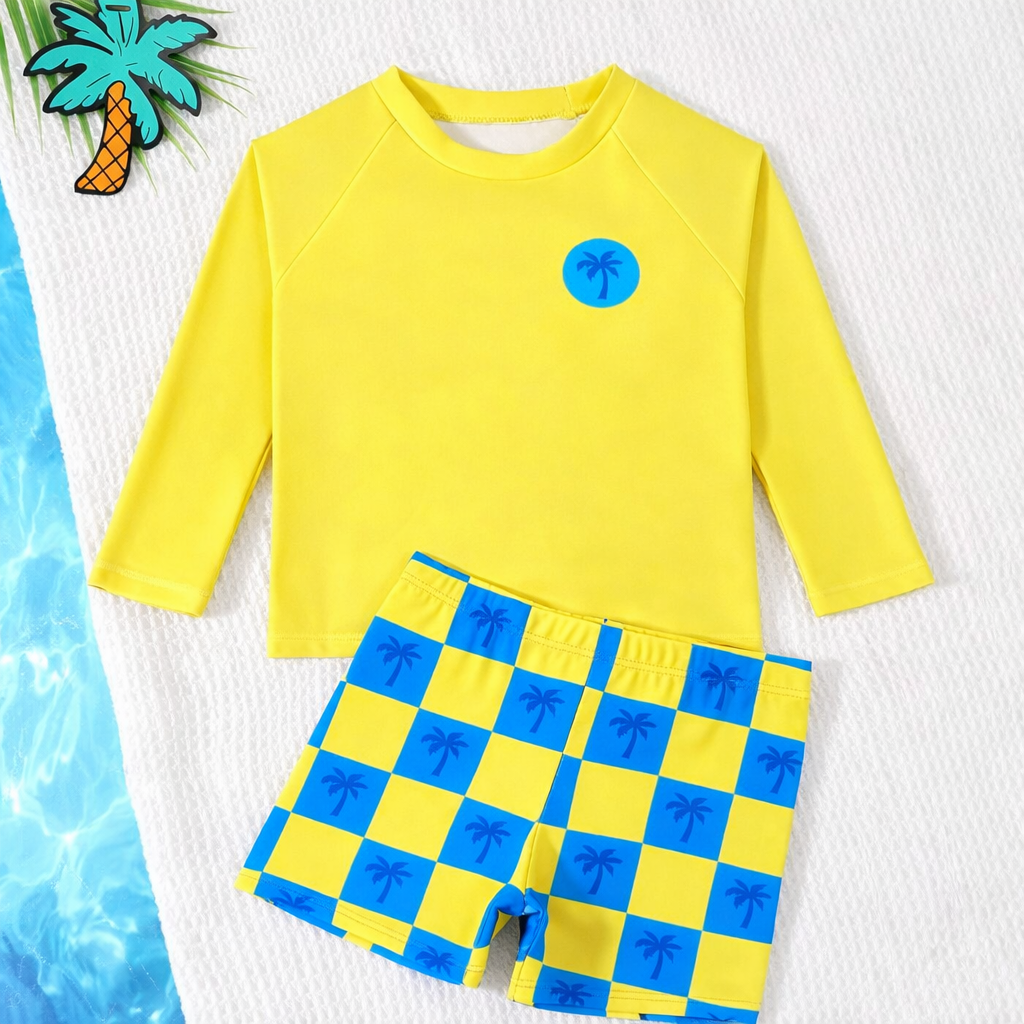 Rash guard set voor jongens: zwemshirt en zwemshorts met UPF 50+ UV-bescherming.