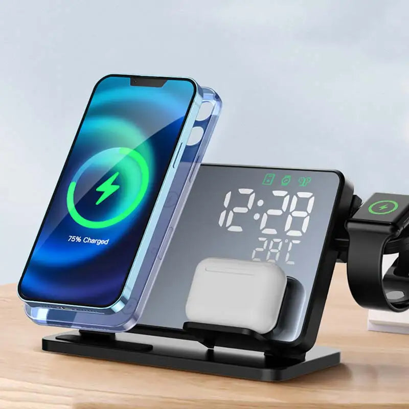 Draadloos 3-in-1 oplaadstation voor iPhone, Apple Watch & AirPods, elegant ontwerp, Qi snel opladen, wekkerdisplay