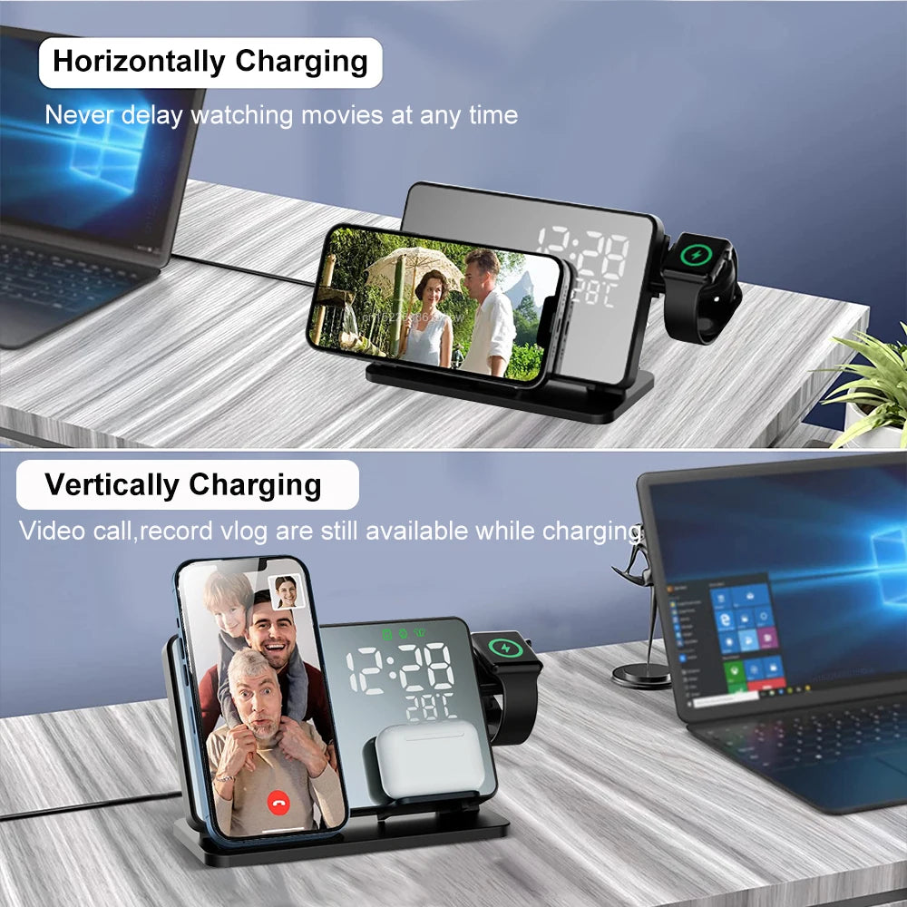 Draadloos 3-in-1 oplaadstation voor iPhone, Apple Watch & AirPods, elegant ontwerp, Qi snel opladen, wekkerdisplay