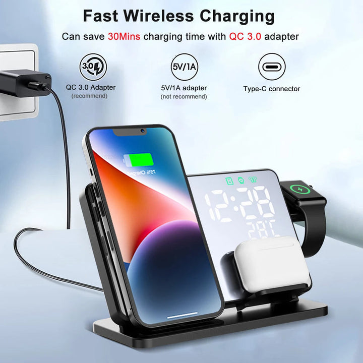 Draadloos 3-in-1 oplaadstation voor iPhone, Apple Watch & AirPods, elegant ontwerp, Qi snel opladen, wekkerdisplay