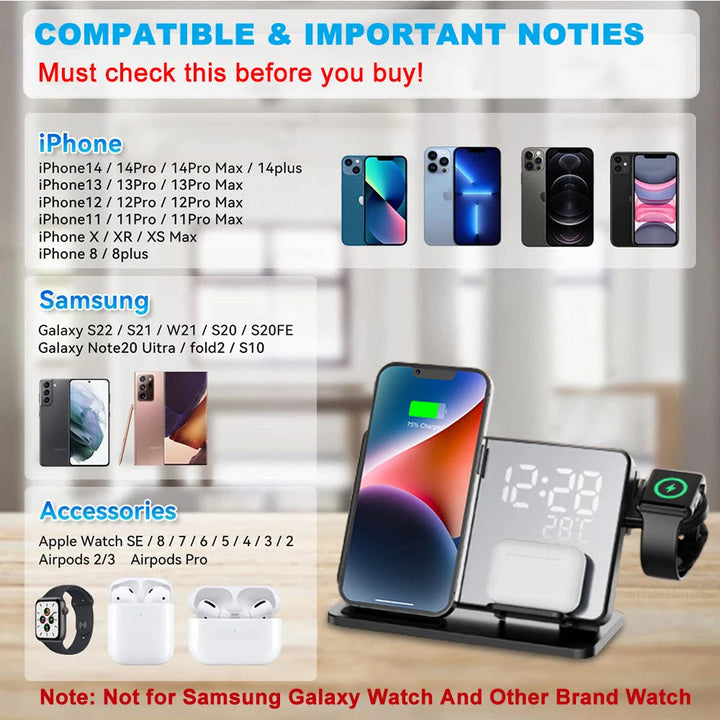 Draadloos 3-in-1 oplaadstation voor iPhone, Apple Watch & AirPods, elegant ontwerp, Qi snel opladen, wekkerdisplay