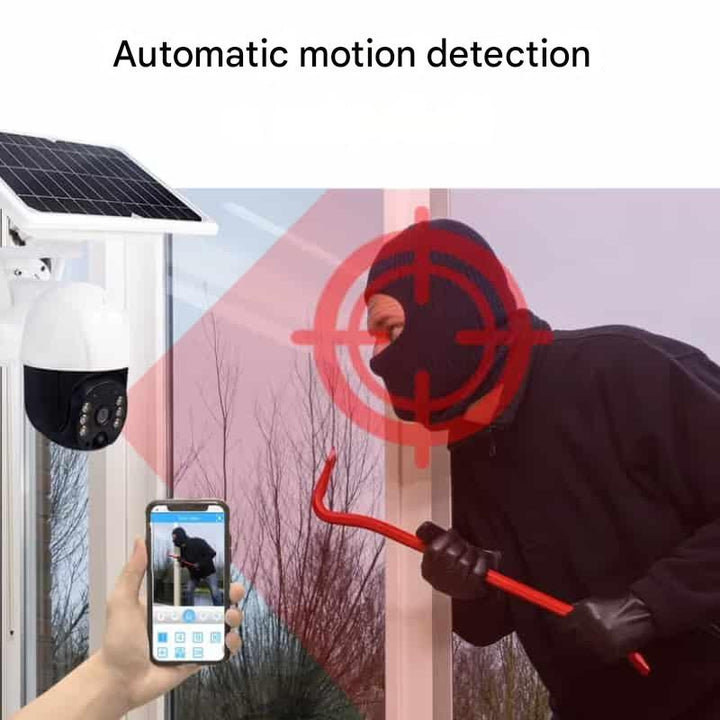 Draadloze 4K beveiligingscamera met 360° dekking en afneembaar zonnepaneel, robuust en weerbestendig voor elke omgeving.