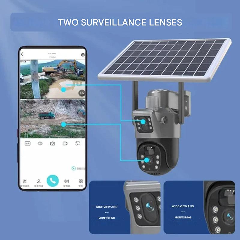 Draadloze 4K beveiligingscamera met 360° dekking en afneembaar zonnepaneel, robuust en weerbestendig voor elke omgeving.