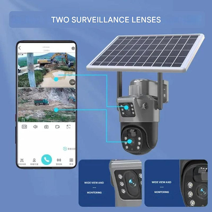 Draadloze 4K beveiligingscamera met 360° dekking en afneembaar zonnepaneel, robuust en weerbestendig voor elke omgeving.
