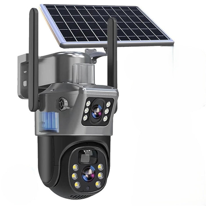Draadloze 4K beveiligingscamera met 360° dekking en afneembaar zonnepaneel, robuust en weerbestendig voor elke omgeving.