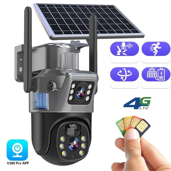 Draadloze 4K beveiligingscamera met 360° dekking en afneembaar zonnepaneel, robuust en weerbestendig voor elke omgeving.