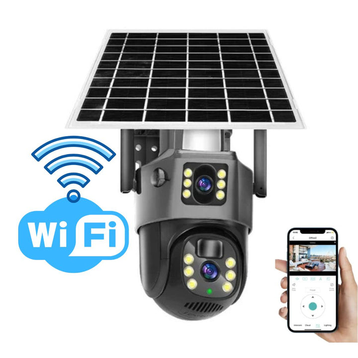 Draadloze 4K beveiligingscamera met 360° dekking en afneembaar zonnepaneel, robuust en weerbestendig voor elke omgeving.