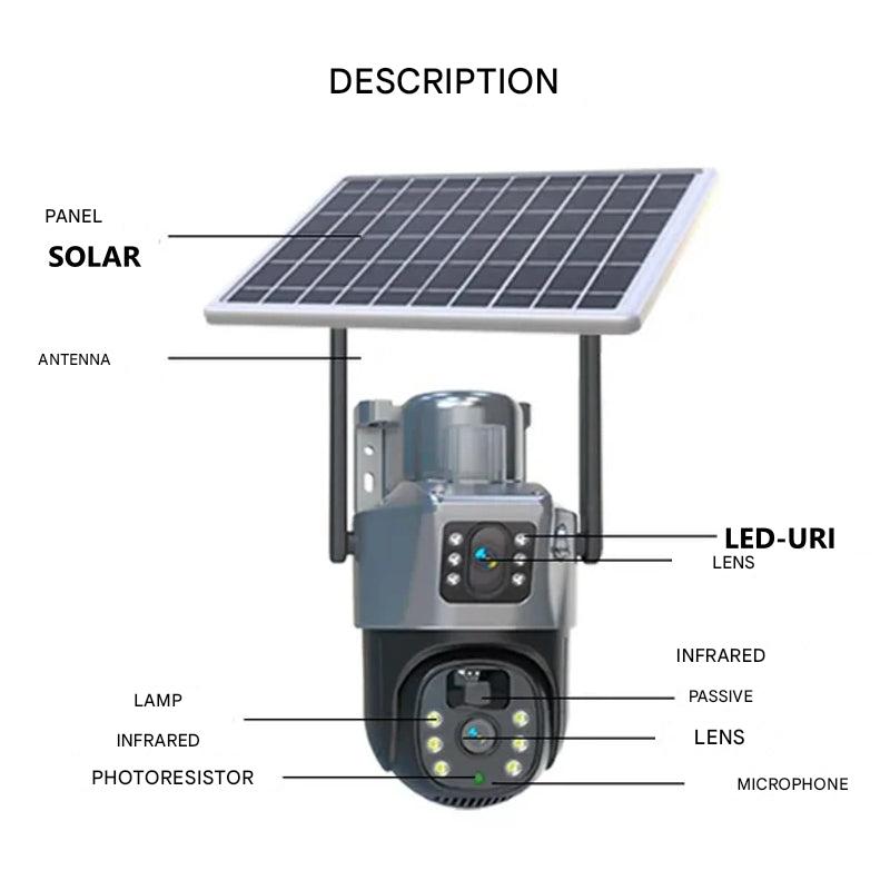 Draadloze 4K beveiligingscamera met 360° dekking en afneembaar zonnepaneel, robuust en weerbestendig voor elke omgeving.