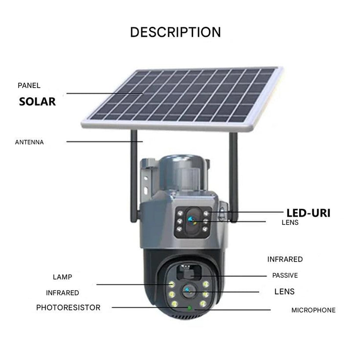 Draadloze 4K beveiligingscamera met 360° dekking en afneembaar zonnepaneel, robuust en weerbestendig voor elke omgeving.