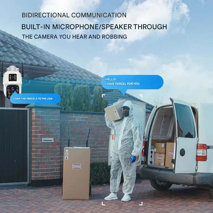 Draadloze 4K beveiligingscamera met 360° dekking en afneembaar zonnepaneel, robuust en weerbestendig voor elke omgeving.