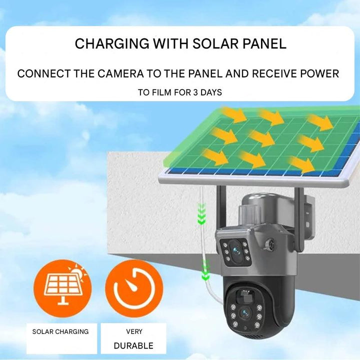 Draadloze 4K beveiligingscamera met 360° dekking en afneembaar zonnepaneel, robuust en weerbestendig voor elke omgeving.
