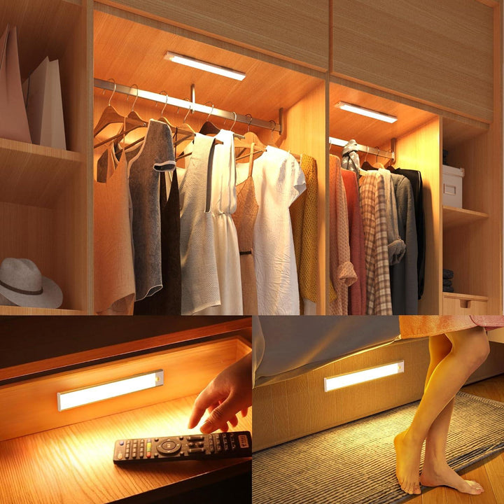 Draadloze LED sensorlamp aan het plafond met magnetische bevestiging, drie lichtkleuren: warmwit, neutraalwit, koudwit.