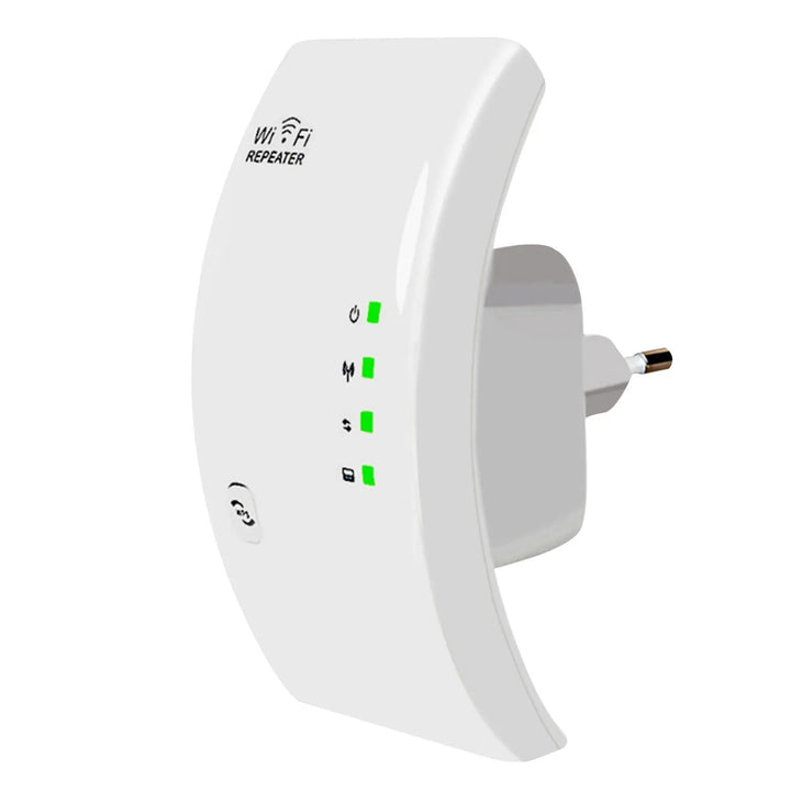 Draadloze WiFi-versterker met compact ontwerp voor stabiele internetverbinding door het hele huis, tot 300 Mbps snelheid.